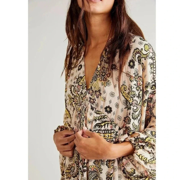 New Free People Arzel Mini Dress Long Sleeve Printed Tunic in Tea Combo XS - Picture 4 of 16
